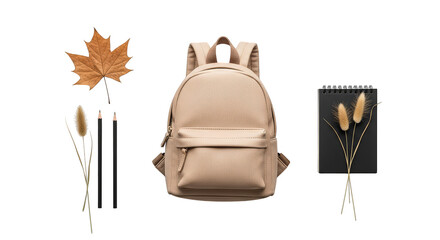 Stylish autumn essentials Backpack leaf and notebook display