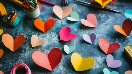 Paper Hearts Creation: An overhead shot captures a vibrant collection of colorful paper hearts, scattered across a creatively textured surface.