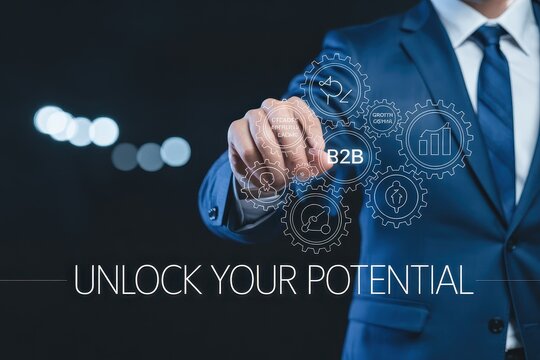 Businessperson interacts with a digital interface displaying business concepts.