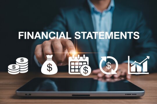 Person interacting with a digital tablet displaying financial statements.