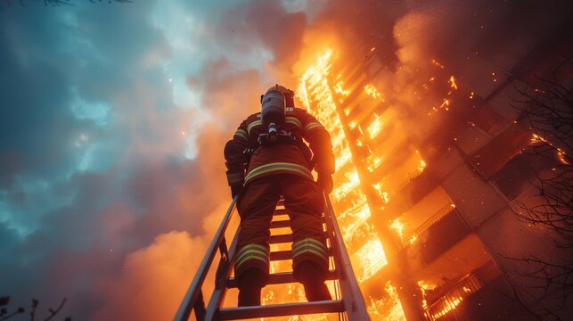 A heroic firefighter stands tall on a ladder, facing a raging fire engulfing a high-rise building, showcasing courage in the face of danger and destruction.