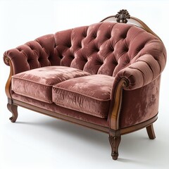 Elegant two-seater mauve settee with dark wood frame furnishing interior decor on white background
