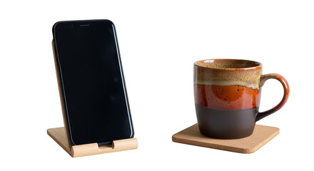 Tech break phone propped next coffee
