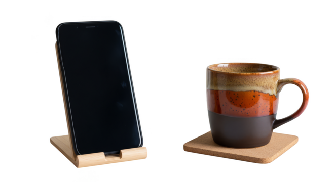 Tech break phone propped next coffee