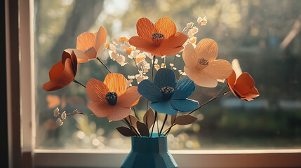 Floral Serenade in Sunlight: A vibrant bouquet of paper flowers, artfully arranged in a blue vase, basks in the soft glow of sunlight streaming through a window. A moment of artistic beauty.