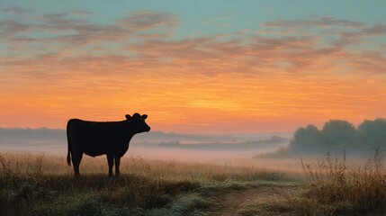 Black cow standing in field at sunrise .