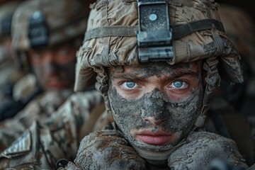 A close-up of a soldier covered in camouflage and dirt, showcasing his intense focus and determination in a challenging situation, embodying bravery and resilience.