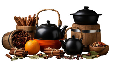Tea time with spices barrels and orange