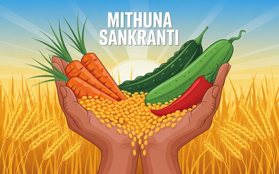 Mithuna Sankranti, Hands holding fresh vegetables celebrate Mithuna Sankranti harvest festival.