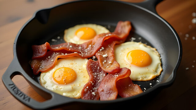 A wood table holds a frying pan filled with sizzling bacon and eggs Parmesan cheese dusting tops the