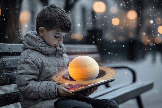 A young boy uses a tablet to explore a 3D model of Saturn, engrossed in space exploration.