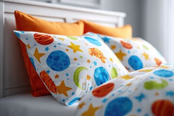 Colorful space-themed bedding set.