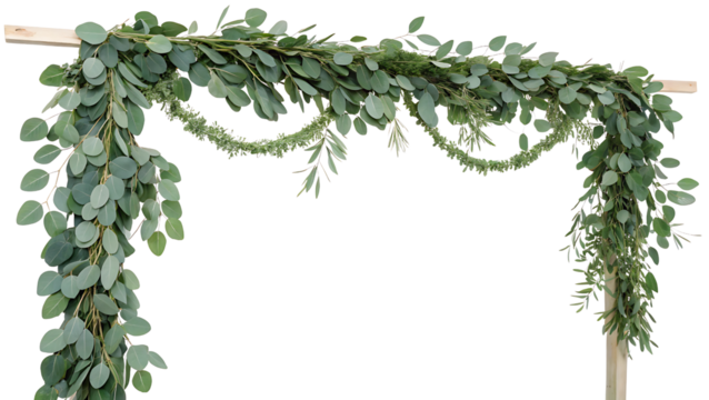 Horizontal eucalyptus garland made of cascading green eucalyptus leaves, arranged for event decoration, hand-painted watercolor, isolated on transparent background. - Powered by Adobe