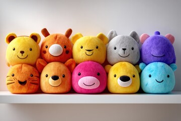 Row of colorful plush animal heads on a white shelf.