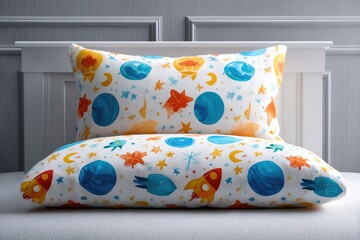 Space-themed pillowcases featuring planets, rockets, and stars.