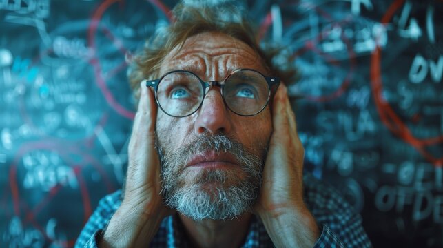 A contemplative image of a middle-aged man in glasses, deep in thought against a chalkboard backdrop filled with equations, symbolizing the pursuit of knowledge and personal growth.