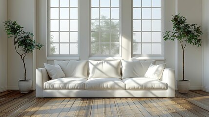 A stylish living room interior featuring a white sofa and tall windows, enhanced by lush greenery around, creating an inviting and airy ambiance filled with natural light.
