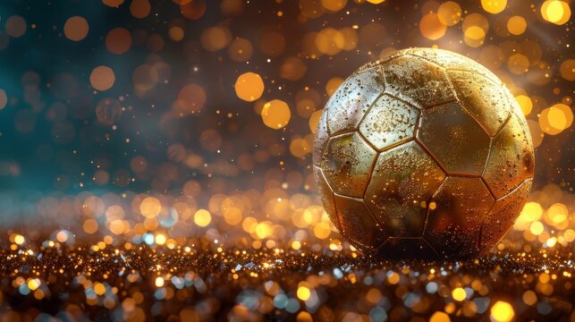This image features a shiny golden soccer ball resting on a glittering surface, symbolizing excellence and the joy of sports, making it ideal for sports-related themes.