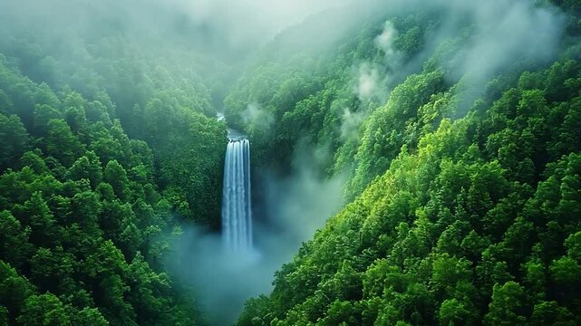 Misty Waterfall in Lush Green Forest