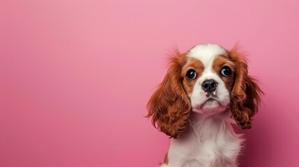 Adorable puppy with fluffy reddish-brown coat and white markings, staring attentively against a solid pink background