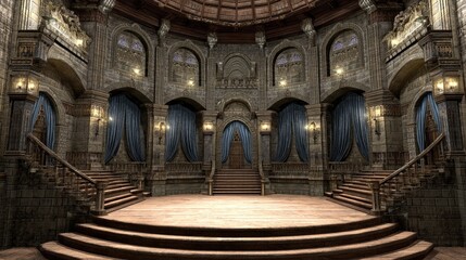 Grand Empty Theater Stage with Elegant Decorations and Blue Drapes