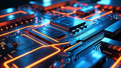 Close Up Of Colorful Circuit Board With Neon Lighting	
