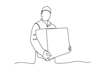 male helper carrying box. Safe delivery of goods concept. 3d vector people character illustration. Cartoon minimal style.
