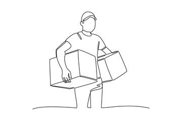 male helper carrying two boxes. Safe delivery of goods concept. 3d vector people character illustration. Cartoon minimal style.