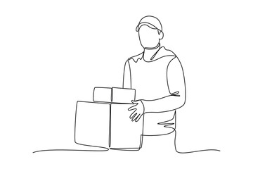 male helper with box. Safe delivery of goods concept. 3d vector people character illustration. Cartoon minimal style.
