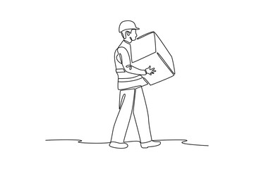 Warehouse helper carries boxes wearing safety clothing. Safe delivery of goods concept. 3d vector people character illustration. Cartoon minimal style.