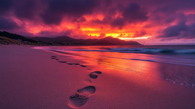 Fiery sunset, footprints on a beach - Powered by Adobe