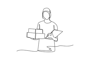 Delivery courier man carrying box package and notes. Safe delivery of goods concept. 3d vector people character illustration. Cartoon minimal style.