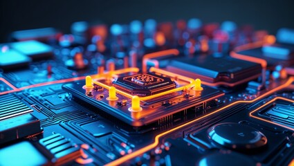 Close Up Of Colorful Circuit Board With Neon Lighting	
