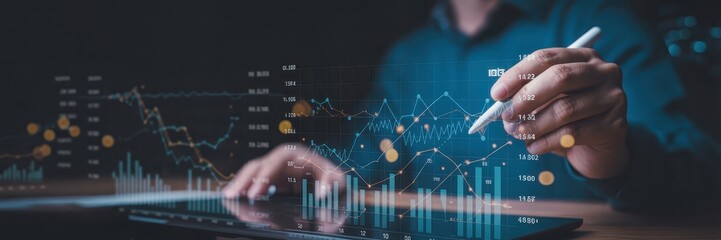 Person interacting with digital financial data visualizations.
