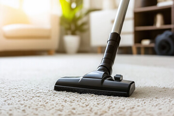 Vacuum cleaner nozzle gliding across a carpet in a well-lit, tidy living room