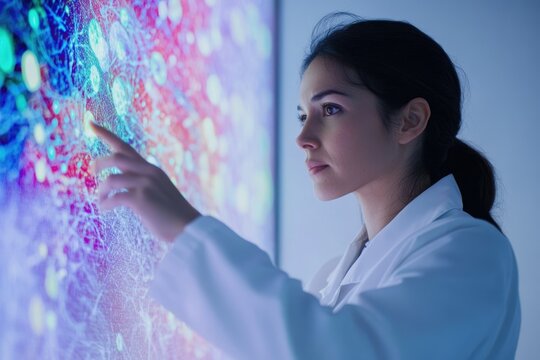 A female scientist interacts with a large interactive display showing complex data visualizations, likely related to research or analysis.