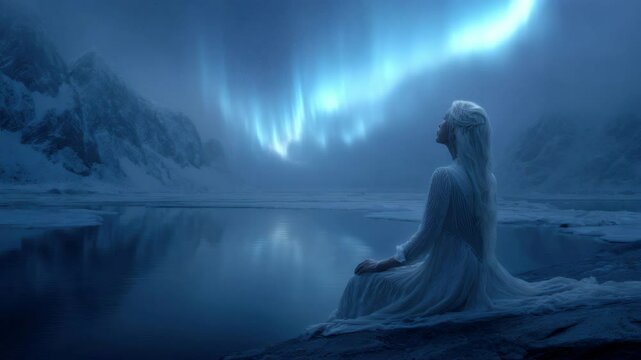 Woman gazing at Aurora Borealis over a frozen lake in winter landscape