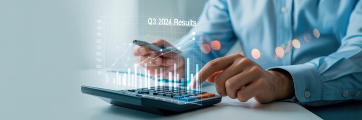 Person reviewing quarterly results on a calculator.