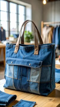 Stylish denim tote bag with leather handles and patchwork design displayed on wooden table with sewing and clothes hanging in the background