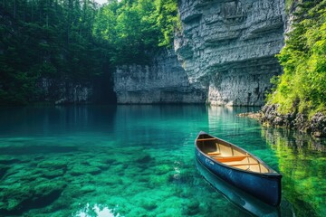 Serene canoe floats on crystal-clear turquoise lake nestled within lush green forest and dramatic limestone cliffs.