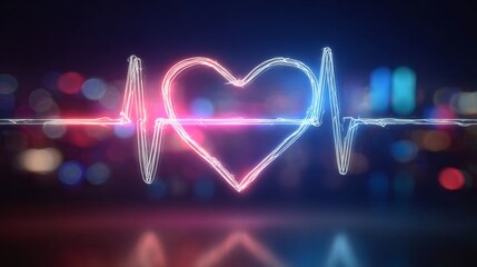 Futuristic Glowing Neon Heartbeat Symbol Against a Soft Bokeh Background for Health and Vitality