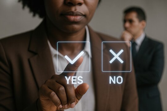 Woman business attire pressing YES button digital interface with