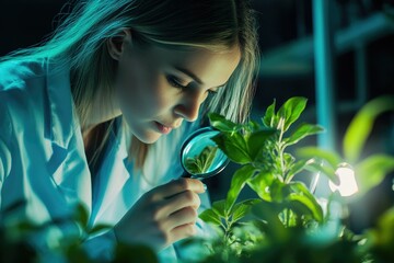A female scientist meticulously examines a plant using a magnifying glass, conducting detailed research in a lab setting.