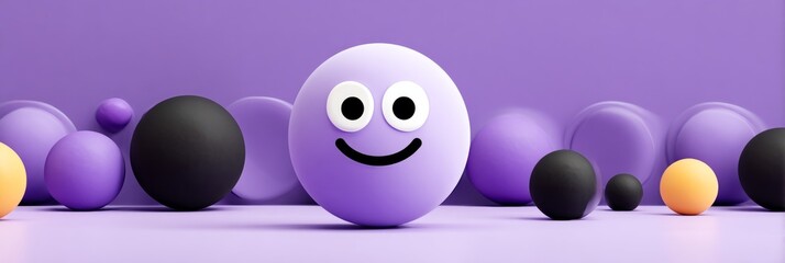 Smiling Lavender Emoji with Big Eyes on Purple Surface Surrounded by Colorful Decorative Balls