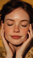 Stunning Close-Up Portrait of Freckled Skin with Hands in a Warm, Golden Orange Scene Background