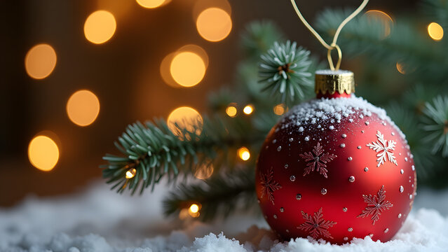 Christmas Ornament Still Life with Snow and Holiday Light Background