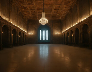 Fototapeta premium abstract renaissance empty big hall dark gothic light and smoke room, old aesthetic large hall with smoke