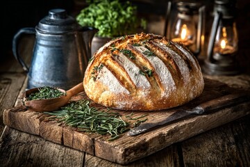 Close-Up of Rustic Bread with Rosemary and Scoring Marks on Aged Timber Boards and Kitchenware