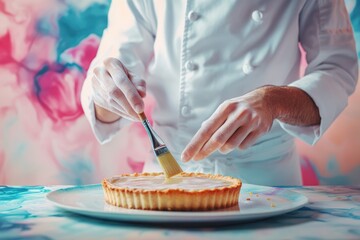 A pastry chef delicately glazes a delicious tart with a pastry brush, creating a visually appealing dessert.