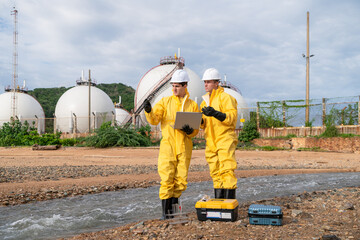 Two men in yellow protective suits are standing near a body of water. One of them is holding a laptop. Wastewater testing, Wastewater treatment system, water quality testing